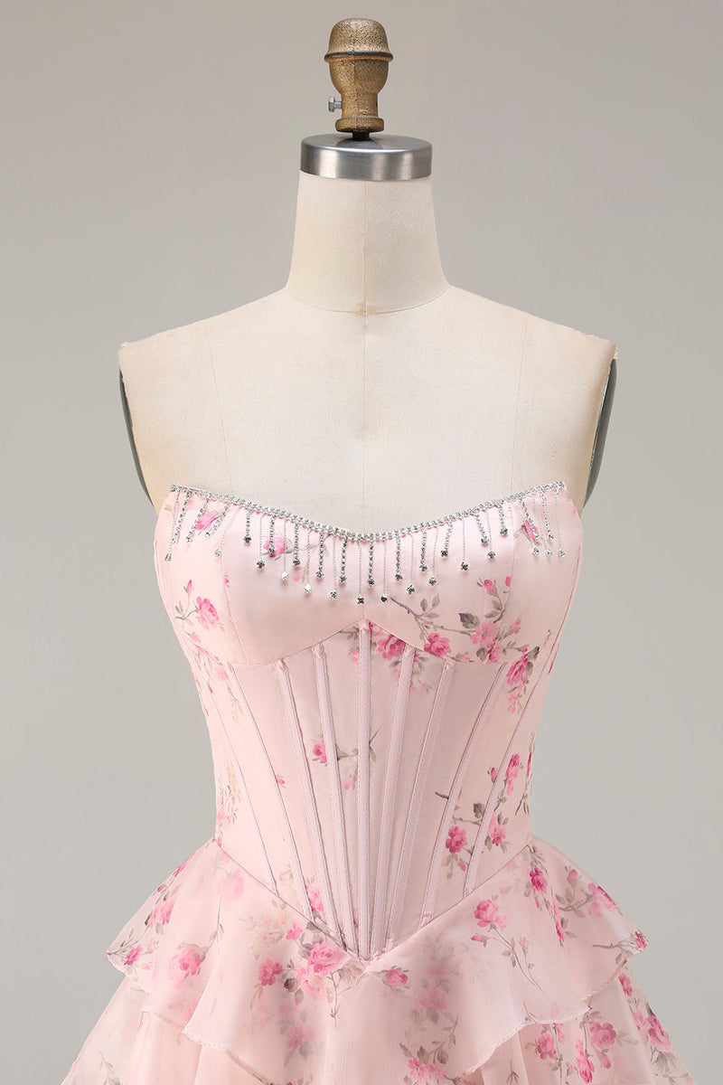 Load image into Gallery viewer, Sparkly Pink and Red Floral Long Corset Prom Dress with Beading