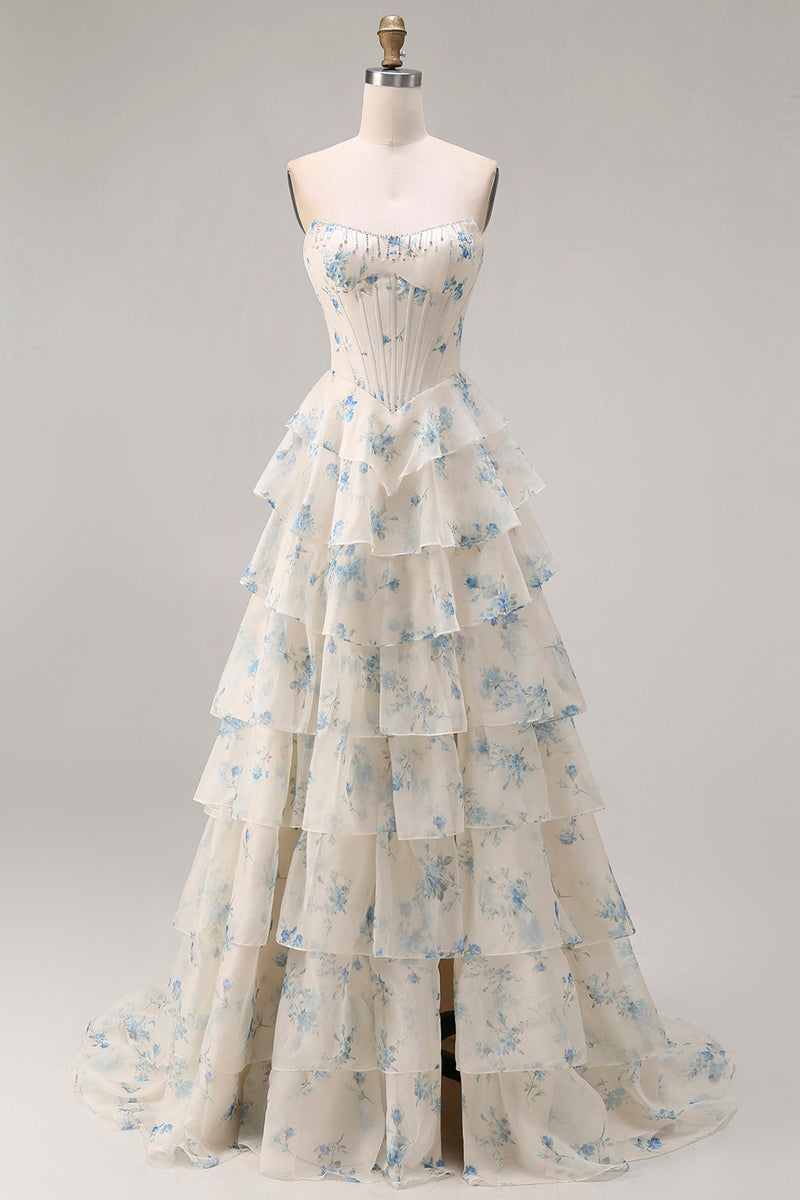 Load image into Gallery viewer, Sparkly Floral Yellow and Blue A Line Tiered Long Corset Prom Dress with Slit