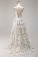 Load image into Gallery viewer, Sparkly Floral Yellow and Blue A Line Tiered Long Corset Prom Dress with Slit