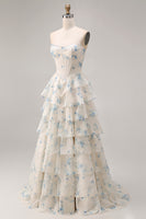 Load image into Gallery viewer, Sparkly Floral Yellow and Blue A Line Tiered Long Corset Prom Dress with Slit