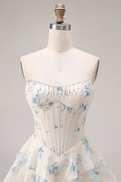 Load image into Gallery viewer, Sparkly Floral Yellow and Blue A Line Tiered Long Corset Prom Dress with Slit