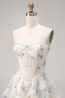 Load image into Gallery viewer, Sparkly Floral Yellow and Blue A Line Tiered Long Corset Prom Dress with Slit