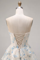 Load image into Gallery viewer, Sparkly Floral Yellow and Blue A Line Tiered Long Corset Prom Dress with Slit