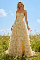 Load image into Gallery viewer, Sparkly Floral Yellow and Blue A Line Tiered Long Corset Prom Dress with Slit