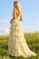 Load image into Gallery viewer, Sparkly Floral Yellow and Blue A Line Tiered Long Corset Prom Dress with Slit
