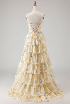 Sparkly Floral Yellow and Blue A Line Tiered Long Corset Prom Dress with Slit