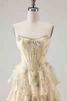 Load image into Gallery viewer, Sparkly Floral Yellow and Blue A Line Tiered Long Corset Prom Dress with Slit