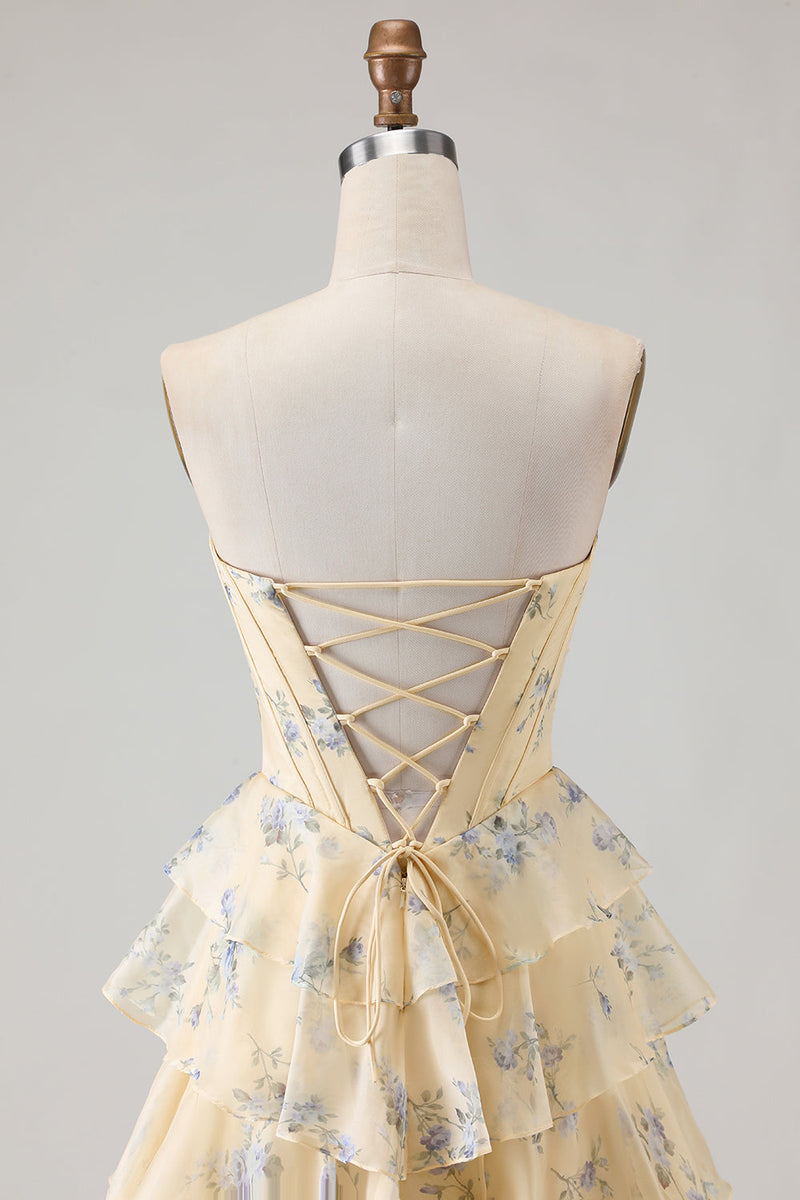 Load image into Gallery viewer, Sparkly Floral Yellow and Blue A Line Tiered Long Corset Prom Dress with Slit
