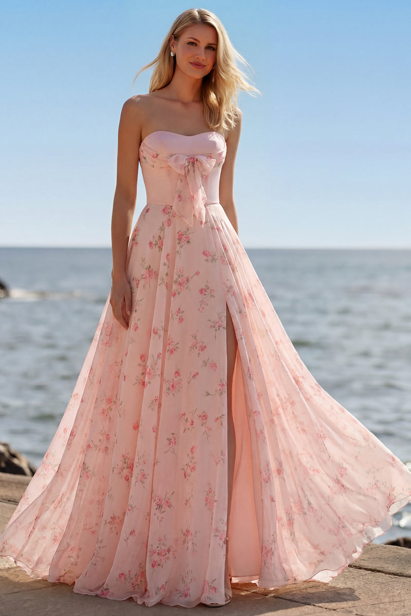 Load image into Gallery viewer, Floral Pink and Red Sweetheart Corset A Line Long Prom Dress with Bow