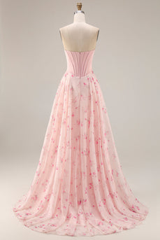 Floral Pink and Red Sweetheart Corset A Line Long Prom Dress with Bow