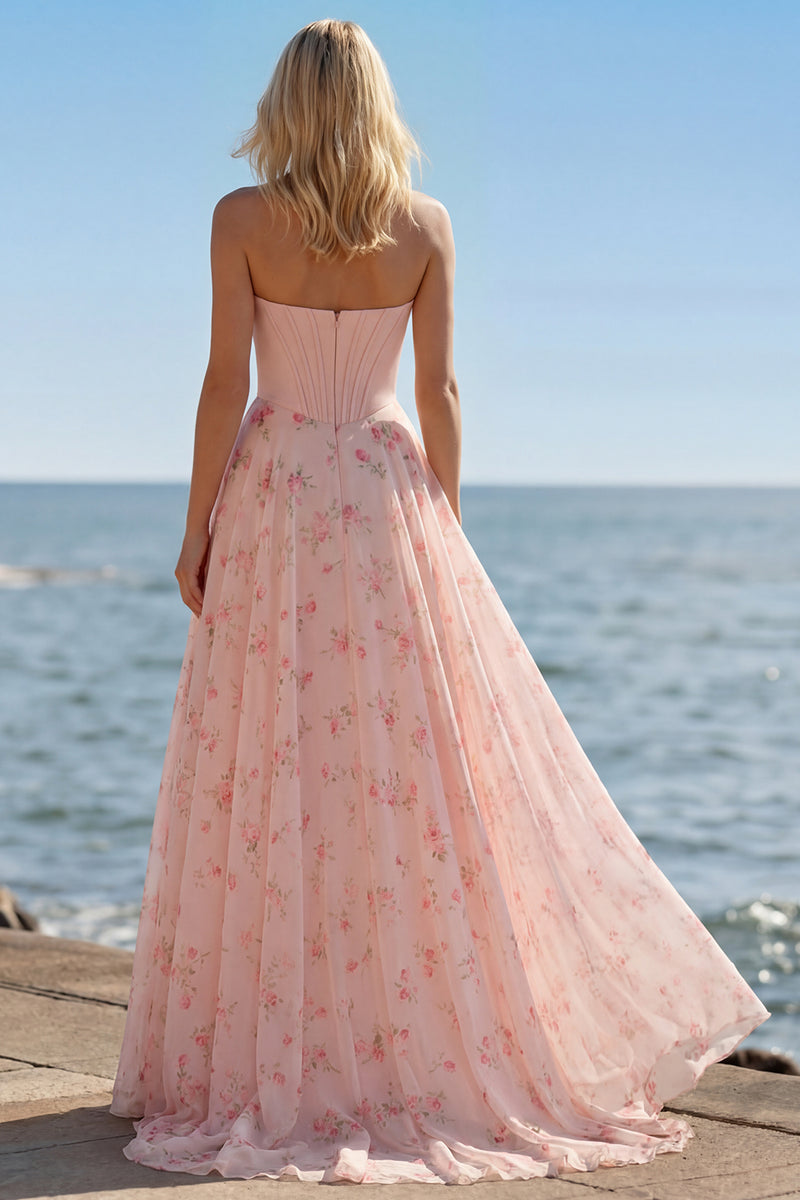 Load image into Gallery viewer, Floral Pink and Red Sweetheart Corset A Line Long Prom Dress with Bow