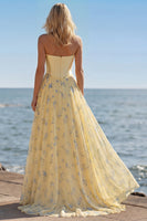 Load image into Gallery viewer, Floral Pink and Red Sweetheart Corset A Line Long Prom Dress with Bow