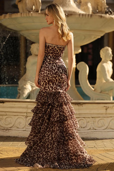 Coffee Leopard Sweetheart Mermaid Long Prom Dress with Slit