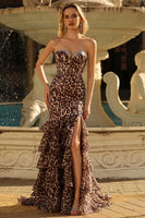 Load image into Gallery viewer, Coffee Leopard Sweetheart Mermaid Long Prom Dress with Slit