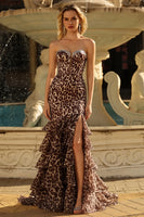 Load image into Gallery viewer, Coffee Leopard Sweetheart Mermaid Long Prom Dress with Slit