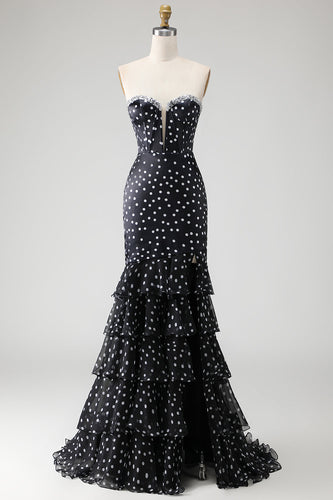 Black and White Ploka Dots Corset Long Mermaid Prom Dress with Ruffles