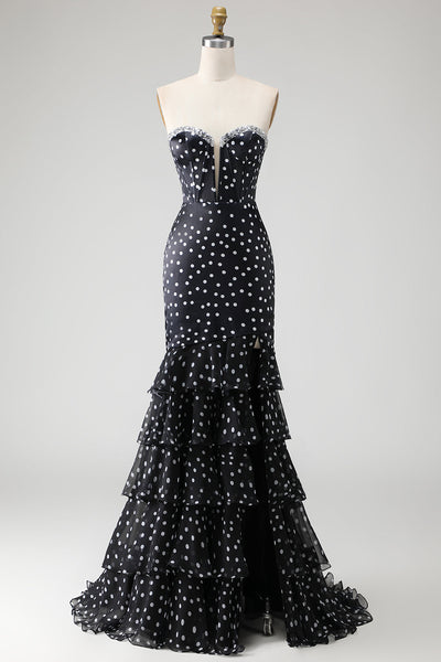 Black and White Ploka Dots Corset Long Mermaid Prom Dress with Ruffles