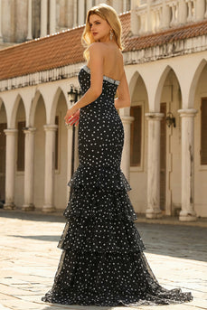 Black and White Ploka Dots Corset Mermaid Long Prom Dress with Ruffles