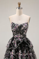 Load image into Gallery viewer, Sparkly Black Pink Lace Floral A Line Tiered Strapless Long Prom Dress