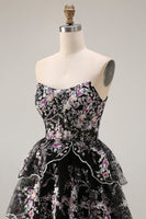 Load image into Gallery viewer, Sparkly Black Pink Lace Floral A Line Tiered Strapless Long Prom Dress