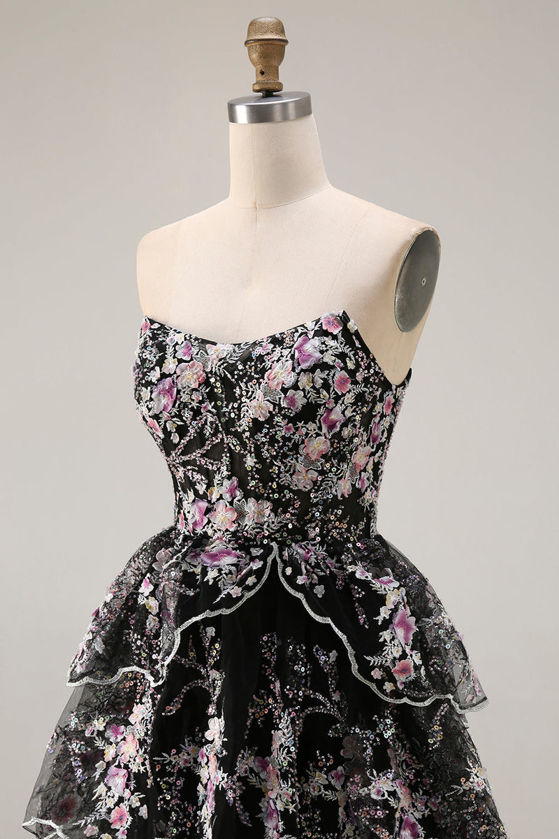 Load image into Gallery viewer, Sparkly Black Pink Lace Floral A Line Tiered Strapless Long Prom Dress