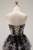 Load image into Gallery viewer, Sparkly Black Pink Lace Floral A Line Tiered Strapless Long Prom Dress