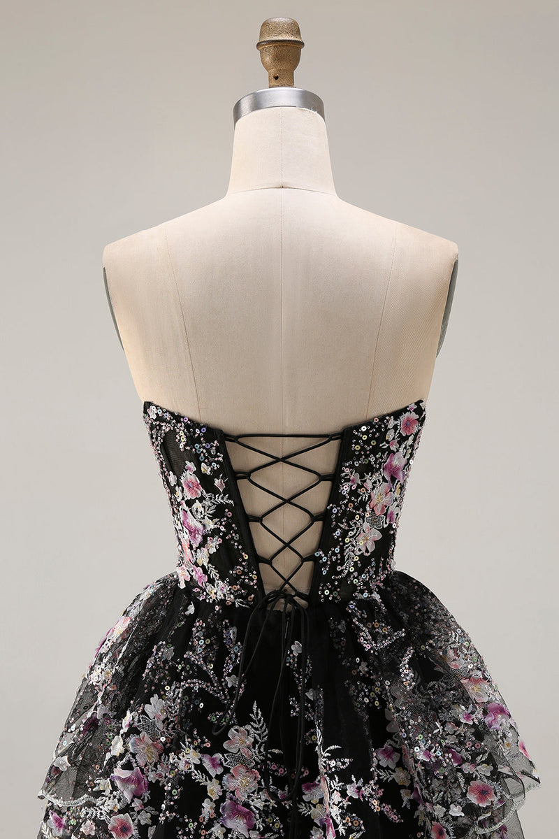 Load image into Gallery viewer, Sparkly Black Pink Lace Floral A Line Tiered Strapless Long Prom Dress