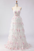 Load image into Gallery viewer, Sparkly Floral White and Pink Strapless A Line Tiered Lace Long Prom Dress