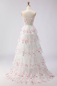 Sparkly Floral White and Pink Strapless A Line Tiered Lace Long Prom Dress