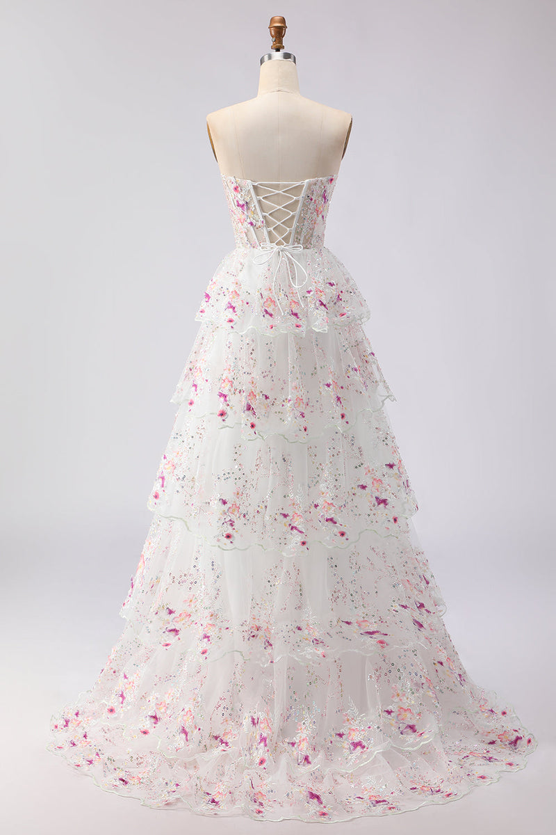 Load image into Gallery viewer, Sparkly Floral White and Pink Strapless A Line Tiered Lace Long Prom Dress
