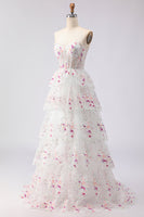 Load image into Gallery viewer, Sparkly Floral White and Pink Strapless A Line Tiered Lace Long Prom Dress