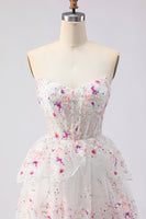 Load image into Gallery viewer, Sparkly Floral White and Pink Strapless A Line Tiered Lace Long Prom Dress