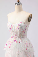 Load image into Gallery viewer, Sparkly Floral White and Pink Strapless A Line Tiered Lace Long Prom Dress