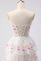 Load image into Gallery viewer, Sparkly Floral White and Pink Strapless A Line Tiered Lace Long Prom Dress