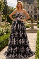 Load image into Gallery viewer, Sparkly Black Pink Lace Floral A Line Tiered Strapless Long Prom Dress