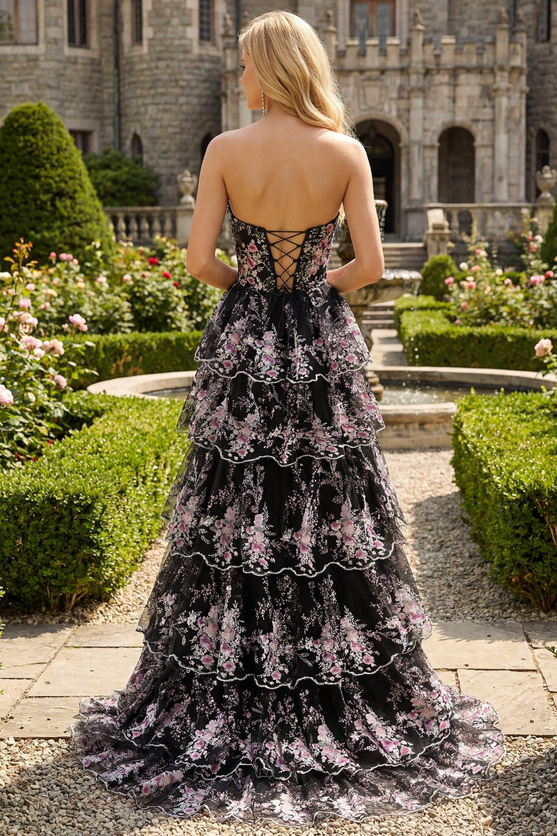 Load image into Gallery viewer, Sparkly Black Pink Lace Floral A Line Tiered Strapless Long Prom Dress