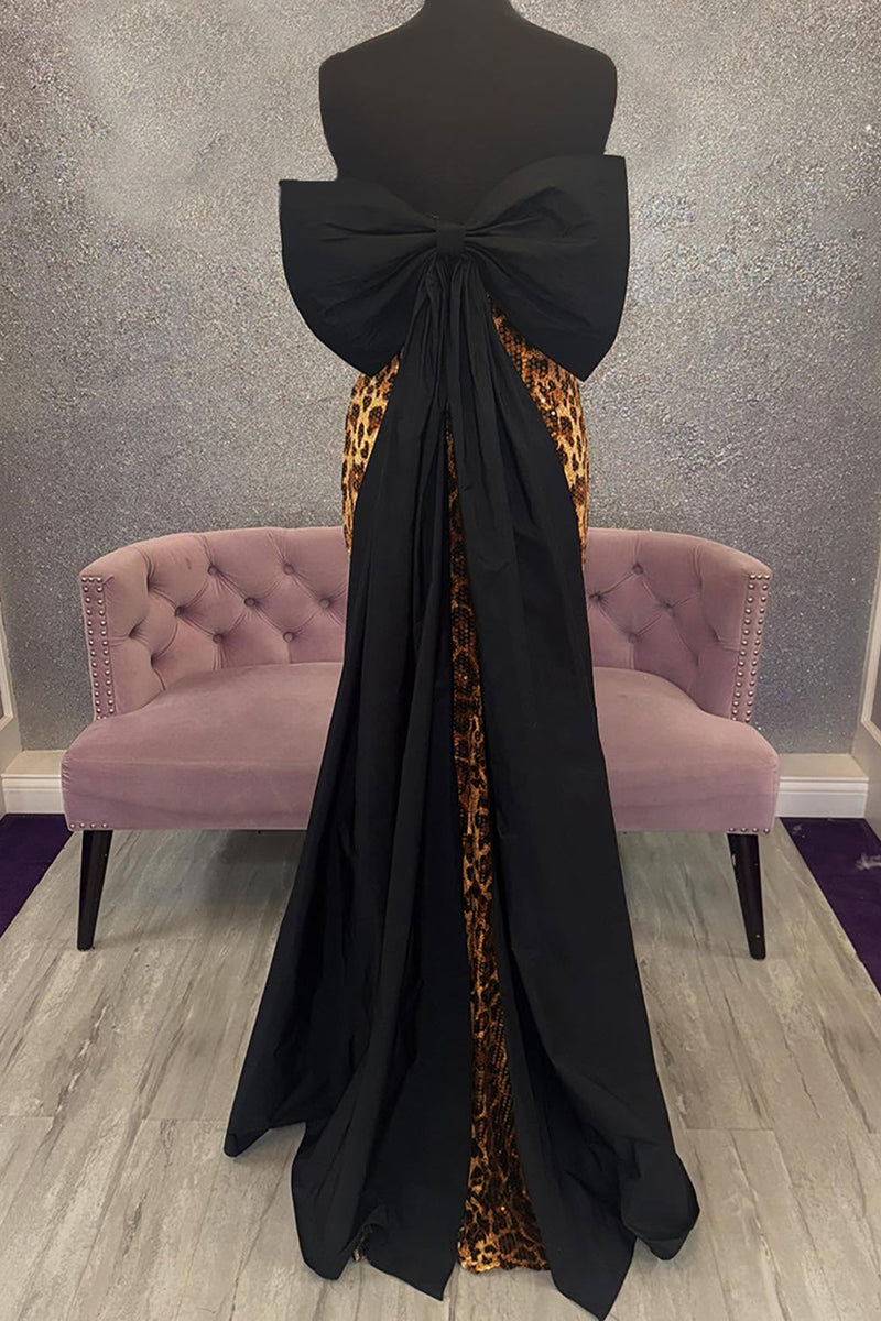 Load image into Gallery viewer, Sparkly Brown Leopard Sweetheart Sequin Mermaid Long Prom Dress with Bow