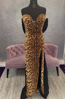 Load image into Gallery viewer, Sparkly Brown Leopard Sweetheart Sequin Mermaid Long Prom Dress with Bow