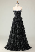 Load image into Gallery viewer, Sparkly Black and White Polka Dots Corset Long Prom Dress with Ruffles