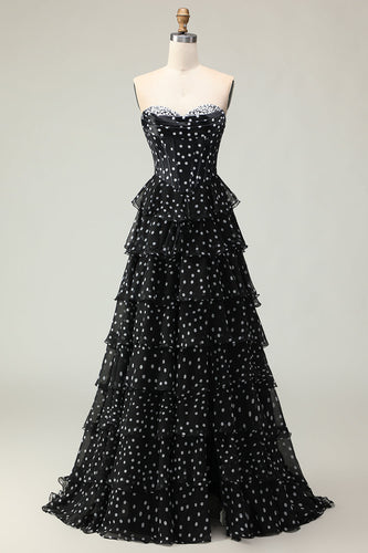 Sparkly Black and White Polka Dots Corset Long Prom Dress with Ruffles
