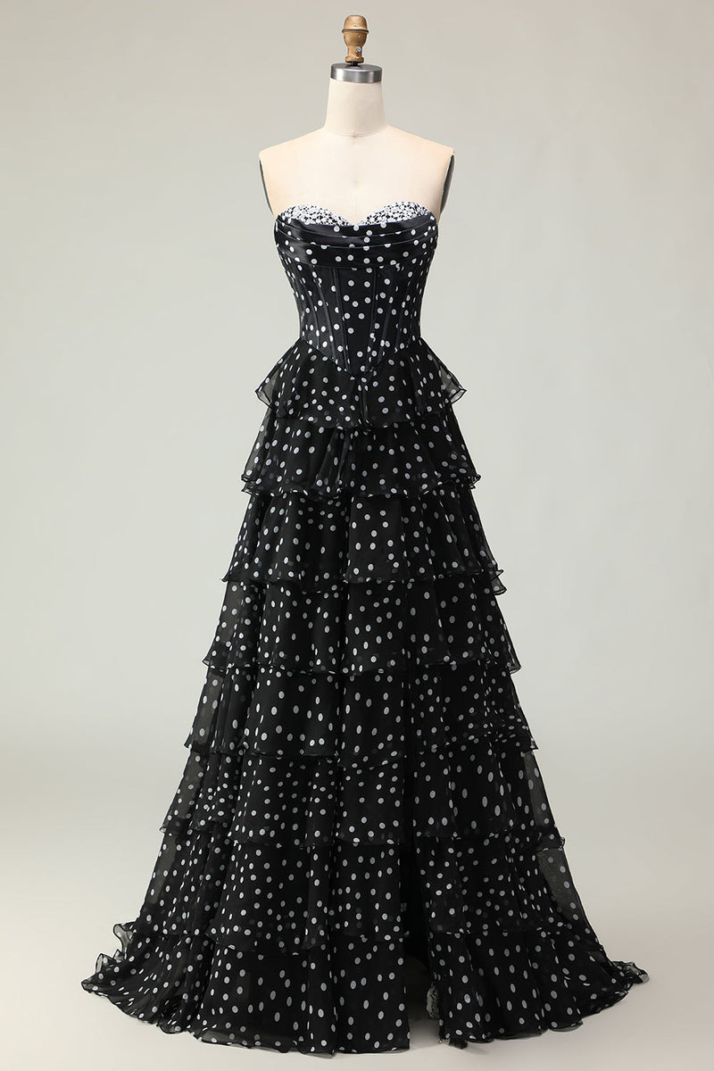 Load image into Gallery viewer, Sparkly Black and White Polka Dots Corset Long Prom Dress with Ruffles