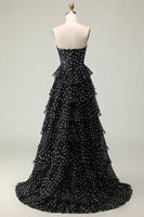 Load image into Gallery viewer, Sparkly Black and White Polka Dots Corset Long Prom Dress with Ruffles