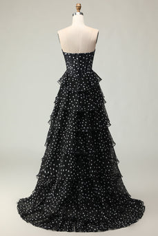 Sparkly Black and White Polka Dots Corset Long Prom Dress with Ruffles