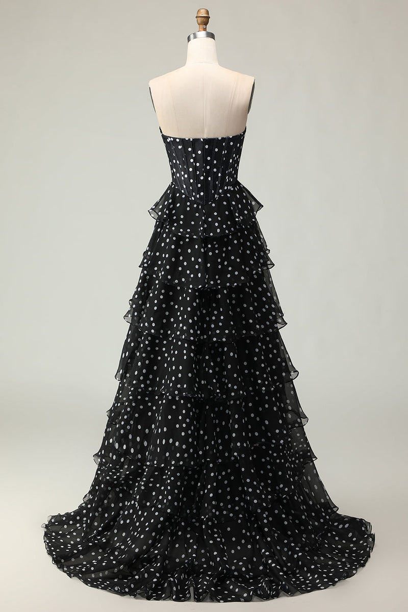 Load image into Gallery viewer, Sparkly Black and White Polka Dots Corset Long Prom Dress with Ruffles