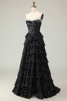 Load image into Gallery viewer, Sparkly Black and White Polka Dots Corset Long Prom Dress with Ruffles