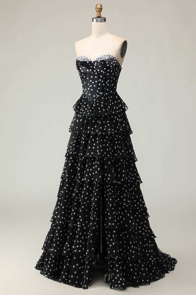 Load image into Gallery viewer, Sparkly Black and White Polka Dots Corset Long Prom Dress with Ruffles