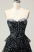 Load image into Gallery viewer, Sparkly Black and White Polka Dots Corset Long Prom Dress with Ruffles