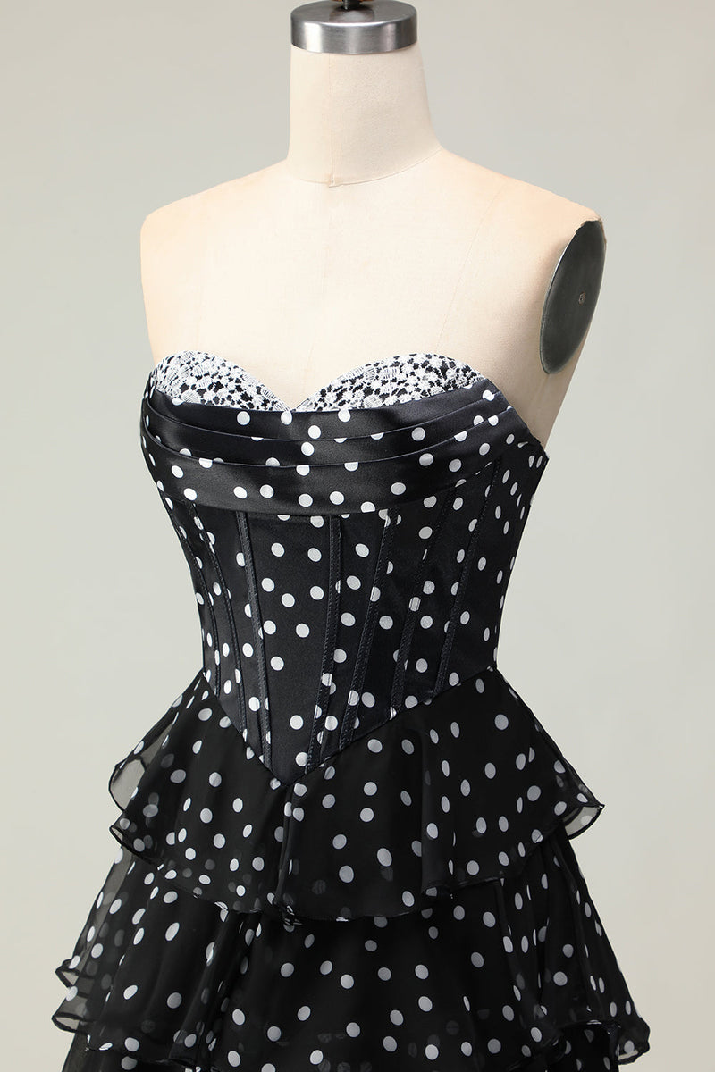 Load image into Gallery viewer, Sparkly Black and White Polka Dots Corset Long Prom Dress with Ruffles