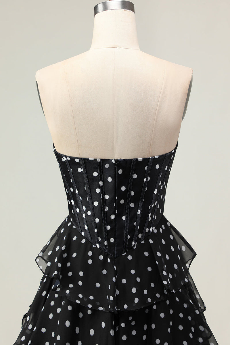 Load image into Gallery viewer, Sparkly Black and White Polka Dots Corset Long Prom Dress with Ruffles