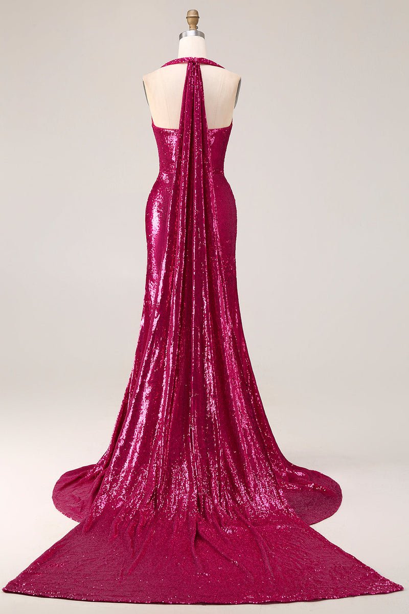 Load image into Gallery viewer, Sparkly Fuchsia Halter Mermaid Sequin Long Prom Dress with Cape